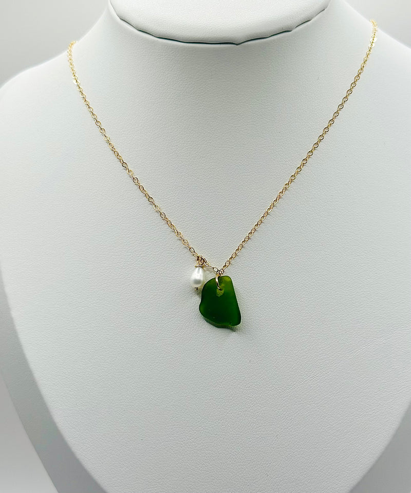 Green Sea Glass paired with a Fresh water Pearl