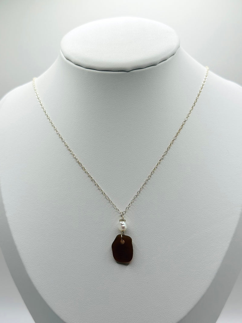 Brown Sea Glass paired with fresh water Pearl (Silver)