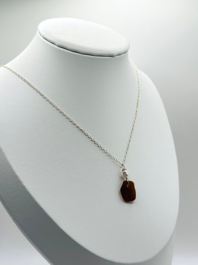 Brown Sea Glass paired with fresh water Pearl (Silver)